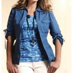 Cabi Full Zip Cargo Utility Jacket Women Size M Blue Roll Up Sleeves Lightweight